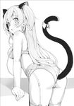  3.14 anal_tail animal_ears ass bangs bare_shoulders barefoot bell bra breasts butt_plug cat_ears cat_tail earrings fake_tail from_behind garter_belt girls_frontline greyscale heart heart_earrings jewelry jingle_bell leaning_forward long_hair medium_breasts mk_23_(girls_frontline) monochrome panties solo standing tail tail_bell thighhighs underwear underwear_only 