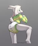  2017 anthro asriel_dreemurr clothed clothing diaper digital_media_(artwork) foxehhyz green_eyes horn looking_back low-angle_view male signature simple_background solo undertale urine video_games wet_diaper young 