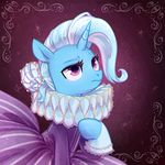  2018 alternate_hairstyle blue_hair classy clothed clothing dress elizabethan equine eyebrows eyelashes female friendship_is_magic fully_clothed hair hair_bun half-length_portrait horn jumblehorse makeup mammal mascara multicolored_hair my_little_pony portrait pose purple_background purple_eyes ruff_(clothing) simple_background solo star trixie_(mlp) two_tone_hair unicorn 