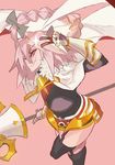  astolfo_(fate) black_legwear braid cape fang fate/apocrypha fate_(series) garter_straps gauntlets holding holding_weapon long_hair looking_at_viewer pink_background pink_hair simple_background smile thighhighs v weapon yuuki_(irodo_rhythm) 
