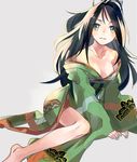  arm_support bare_legs black_hair blush breasts closed_mouth clothes_down collarbone commentary_request fingernails furisode green_eyes green_kimono grey_background hair_ribbon high_ponytail japanese_clothes kantai_collection katsuragi_(kantai_collection) kimono long_hair long_sleeves looking_at_viewer obi off_shoulder ribbon sash simple_background small_breasts solo sunagimo_(sandliver) wavy_mouth white_ribbon wide_sleeves 