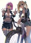  :d bicycle blonde_hair blue_eyes commentary green_eyes ground_vehicle guratan jacket multiple_girls open_mouth original pink_hair race_queen short_hair skirt smile thighhighs twintails 