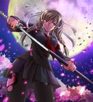  3rdmoon-s black_legwear braid danganronpa grey_hair hair_ribbon long_hair long_sleeves looking_down pantyhose pekoyama_peko red_eyes ribbon school_uniform serafuku solo super_danganronpa_2 sword torn_clothes torn_legwear twin_braids weapon 