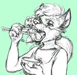  2017 ambiguous_gender anthro blue_background bowl canine chopsticks clothed clothing duo eating female feral food fox hair imminent_vore mammal mouse oddwilds open_mouth rodent simple_background teeth tongue tongue_out vore 