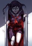  bathtub black_hair blood braid danganronpa danganronpa_1 from_above fukawa_touko gegenanz glasses long_hair looking_at_viewer red_eyes school_uniform serafuku skirt solo twin_braids 