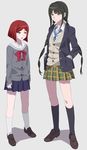  alternate_costume bad_id bad_pixiv_id chabashira_tenko danganronpa full_body green_hair hands_in_pockets highres long_hair mole mole_under_mouth multiple_girls new_danganronpa_v3 okuragon pleated_skirt red_hair ribbon school_uniform serafuku shirt short_hair skirt twintails very_long_hair yellow_eyes yumeno_himiko 