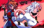  android_21 ass blue_eyes character_name commentary cupcake darwin_nunez dragon_ball dragon_ball_fighterz dual_persona earrings food glasses harem_pants highres hoop_earrings jewelry kneeling labcoat looking_at_viewer majin_android_21 messy_hair multiple_girls pants pantyhose pink_skin red_eyes tail 