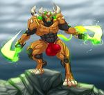  2017 4_fingers 5_fingers abs angry anthro antlers armor bovine bulge cattle clothing cloud glowing glowing_eyes helmet holding_object holding_weapon horn hungothenomster magic male mammal melee_weapon muscular muscular_male n&#039;gotaur plantigrade pose sky solo standing sword underwear weapon 
