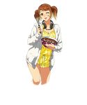  blush bowl brown_eyes brown_hair coat crossed_legs hair_ornament headphones headphones_around_neck heart heart_hair_ornament holding long_sleeves looking_at_viewer messy nose_blush official_art olive_oppert one_eye_closed open_clothes open_coat short_twintails solo super_robot_wars super_robot_wars_x-omega transparent_background twintails unbuttoned watanabe_wataru 