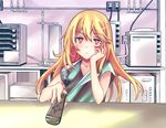  +_+ 1girl blonde_hair brown_eyes fuyukawa_motoi hospital_gown long_hair remote_control shokuhou_misaki solo_focus 