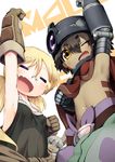  1boy 1girl androgynous animal_ears blonde_hair brown_hair eyes_closed fur glasses gloves green_eyes long_hair made_in_abyss mechanical_arms nanachi_(made_in_abyss) nejime regu_(made_in_abyss) riko_(made_in_abyss) shirtless sideboob smile trio white_hair yellow_eyes 