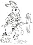 anthro armor black_and_white breasts chochi cleavage clothed clothing female grass hammer lagomorph mammal monochrome muscular muscular_female rabbit solo tools weapon 