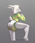  2017 anthro asriel_dreemurr bottomless clothed clothing diaper digital_media_(artwork) feces foxehhyz green_eyes looking_back low-angle_view messy_diaper scat signature simple_background undertale urine video_games wet_diaper young 