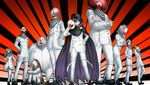  6+boys afro breasts cape checkered checkered_scarf cleavage clown clown_nose covered_face danganronpa game_cg grin hand_on_hip hat highres holding long_hair looking_at_viewer mask medium_breasts multiple_boys multiple_girls new_danganronpa_v3 official_art ouma_kokichi peaked_cap purple_eyes purple_hair red_hair scarf shimadoriru short_hair smile spoilers straitjacket twintails 