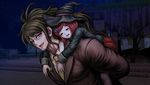  1girl blazer bob_cut brown_hair carrying closed_eyes danganronpa game_cg glasses gokuhara_gonta hair_ornament hairclip hat highres jacket komatsuzaki_rui long_hair necktie new_danganronpa_v3 night official_art open_mouth outdoors piggyback pleated_skirt red_eyes red_hair round_eyewear school_uniform short_hair skirt sleeping smile witch_hat yumeno_himiko 