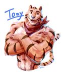  2018 abs anthro biceps blue_nose feline frosted_flakes fur hi_res kellogg&#039;s kemono male mammal mascot muscular muscular_male pecs scarf simple_background stripes tiger tony_the_tiger zanakil 