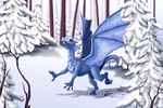  blue_skin claws detailed_background digital_media_(artwork) dragon feral forest green_eyes membranous_wings smile snow solo standing suzidragonlady tree wings winter 