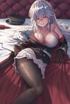  armpit_crease azur_lane bangs bed_sheet belt black_gloves black_jacket black_legwear blurry bra breasts cape cleavage collarbone commentary_request crossed_bangs depth_of_field double-breasted eyebrows_visible_through_hair fur-trimmed_cape fur_trim gloves graf_zeppelin_(azur_lane) hair_between_eyes hat hat_removed headwear_removed highres iron_cross jacket lace lace-trimmed_bra large_breasts long_hair looking_at_viewer lying military military_uniform off_shoulder on_bed pantyhose peaked_cap pleated_skirt red_eyes sidelocks silver_hair skirt sleeve_cuffs smile solo thighband_pantyhose underwear uniform white_skirt xian_yu_mo_ren 