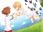  1girl bad_id bad_pixiv_id blonde_hair blue_eyes blue_sky brown_hair bug butterfly cloud cloudy_sky day dress grass insect karudoll kingdom_hearts kingdom_hearts_ii namine red_shorts sera_(serappi) shirt short_hair shorts sky smile sora_(kingdom_hearts) spiked_hair sundress white_dress white_shirt younger 