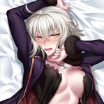  bed_sheet black_dress blush breasts cleavage coat dress fate/grand_order fate_(series) fur-trimmed_coat fur_trim jacket jeanne_d'arc_(alter)_(fate) jeanne_d'arc_(fate)_(all) jewelry large_breasts lying necklace nose_blush okitakung on_back open_clothes open_mouth silver_hair solo teeth unzipped wicked_dragon_witch_ver._shinjuku_1999 yellow_eyes 