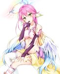  arm_tattoo bare_shoulders blonde_hair blue_hair blush breasts closed_mouth elbow_gloves eyebrows_visible_through_hair finger_to_mouth gloves groin hair_between_eyes halo hand_on_own_leg head_tilt ikasoke_(likerm6au) jibril_(no_game_no_life) leg_tattoo long_hair looking_at_viewer low_wings medium_breasts mismatched_legwear navel no_game_no_life pink_hair purple_bikini_bottom purple_gloves sitting solo tattoo thighhighs very_long_hair white_background white_legwear white_wings wings yellow_eyes 