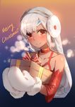  absurdres altera_(fate) altera_the_santa artist_name bangs bare_shoulders blush box christmas closed_mouth collarbone commentary_request dark_skin detached_sleeves dress earmuffs eyebrows_visible_through_hair fate/grand_order fate_(series) gift gift_box head_tilt highres holding holding_gift long_hair looking_at_viewer merry_christmas misaka76 mittens red_dress red_eyes sketch sleeveless sleeveless_dress smile solo veil white_hair white_mittens 