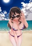  adjusting_eyewear ashigara_(kantai_collection) beach bikini bracelet breasts brown_eyes brown_hair cleavage commentary_request day fuji_mitsu hairband jewelry kantai_collection large_breasts long_hair ocean one_eye_closed purple_bikini solo sun sunglasses swimsuit wavy_hair 