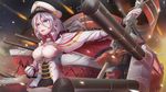  action aiguillette azur_lane banner blue_eyes boots breasts cannon cape cleavage clenched_hand collared_jacket commentary_request cross cross_earrings earrings flag fur-trimmed_boots fur-trimmed_cape fur_trim gloves hair_between_eyes hat holding holding_pole imo_bouya jacket jewelry large_breasts light_particles looking_afar machinery military military_uniform open_mouth outstretched_arm peaked_cap pencil_skirt rigging short_hair silver_hair skirt smoke_trail solo thigh_boots thighhighs thighs tirpitz_(azur_lane) turret underbust uniform white_gloves 
