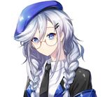  armband beret blue_eyes braid expressionless girls_frontline glasses gwingwin hair_ornament hairclip hat long_hair looking_at_viewer low_twintails necktie seele_(girls_frontline) silver_hair simple_background twintails 