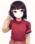  alternate_hair_length alternate_hairstyle aqua_eyes bangs black_hair blunt_bangs blush commentary_request green_eyes hair_ornament hand_in_hair kurosawa_dia long_sleeves looking_away looking_to_the_side love_live! love_live!_sunshine!! mole mole_under_mouth red_shirt shirt short_hair simple_background solo totoki86 upper_body worried 