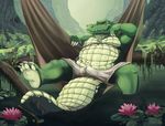  2018 4_fingers 4_toes alligator anthro belly big_tail bulge claws clothed clothing crocodilian feet front_view green_scales hammock looking_at_viewer male moobs overweight pants partially_submerged raised_leg reptile scales scalie scar shorts sitting slit_pupils smile solo st.boogie swamp teeth toes topless water yellow_eyes 