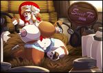  anthro big_breasts bovine breast_milking breasts cattle christmas clothed clothing female hat holidays horn huge_breasts hyper hyper_breasts lactating mammal nipples overweight purplepardus pussy santa_hat solo tongue tongue_out unzipped 