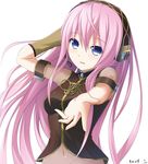  armband blue_eyes blush hands headphones headset keenh long_hair megurine_luka navel open_mouth outstretched_arm outstretched_hand pink_hair reaching smile solo very_long_hair vocaloid 