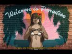  amber_eyes bikini brown_hair clothing eleode english_text female flower hair hibiscus looking_at_viewer mammal mural mustelid otter paint painting palm_tree plant razor sea smile straight_razor street sun swimsuit text tree tsukai wall_(disambiguation) water 