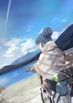  bag bicycle black_gloves blue_hair cloud commentary_request condensation_trail day duffel_bag fingerless_gloves from_behind gloves ground_vehicle hair_bun looking_to_the_side mikazuki_akira! mount_fuji mountain nature outdoors profile riding shawl shima_rin short_hair skirt sky solo water winter_clothes yurucamp 