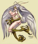  1girl ass breasts claws devilman feathered_wings feathers harpy head_wings large_wings monster_girl nipples nude open_mouth sharp_teeth simple_background siren_(devilman) solo stomach talons teeth white_hair wings yellow_eyes 