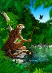  anthro arthropod butterfly clothed clothing day detailed_background digital_media_(artwork) duo feline feral fishing fur insect jaguar loincloth male mammal outside pink_nose spots spotted_fur suzidragonlady topless water yellow_eyes 