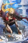  ai_arctic_warfare blonde_hair bolt_action breasts bullet cleavage commentary_request company_name gloves gun gyakushuu_no_fantasica highres long_hair medium_breasts natsuiro_xx official_art one_eye_closed open_mouth purple_eyes rifle side_ponytail sky sniper_rifle solo weapon 