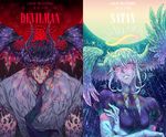  2boys asuka_ryou black_hair blonde_hair blood blue_eyes crying devilman duo eyebrows feathered_wings feathers fudou_akira head_wings horns large_wings multiple_boys necktie piopyo pointy_ears red_eyes satan_(devilman) shirt short_hair tears white_shirt wings 