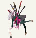  black_legwear blood bloody_clothes bloody_weapon braid danganronpa death full_body grey_hair hair_ribbon impaled injury koame kuzuryuu_fuyuhiko long_hair long_sleeves looking_at_another out_of_frame outstretched_arm outstretched_arms pantyhose pekoyama_peko pink_blood reaching red_eyes ribbon school_uniform serafuku solo_focus spoilers super_danganronpa_2 sword tears twin_braids weapon 