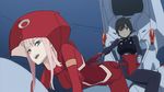  1boy 1girl a-1_pictures aqua_eyes ass bodysuit hiro_(darling_in_the_franxx) horns long_hair pink_hair plugsuit zero_two_(darling_in_the_franxx) 