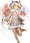  absurdres bangs bird_tail eyebrows_visible_through_hair fur_trim hair_between_eyes head_wings highres jacket kaamin_(mariarose753) kemono_friends looking_at_viewer multicolored_hair northern_white-faced_owl_(kemono_friends) pantyhose solo standing standing_on_one_leg white_background white_hair white_legwear wings yellow_eyes 