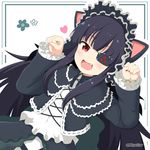  :d animal_ears black_hair blush border cat_ears clenched_hands commentary_request eyebrows_visible_through_hair eyepatch fang gothic_lolita hairband heart lolita_fashion lolita_hairband long_hair long_sleeves looking_at_viewer miicha mirai_(senran_kagura) open_mouth outside_border paw_pose red_eyes senran_kagura senran_kagura_shoujo-tachi_no_shin'ei smile solo twitter_username very_long_hair white_background 