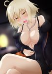  ahoge black_dress blonde_hair blush breasts center_opening coat crossed_legs dress fate/grand_order fate_(series) full-length_zipper fur-trimmed_coat fur-trimmed_jacket fur_trim jacket jeanne_d'arc_(alter)_(fate) jeanne_d'arc_(fate)_(all) jewelry kimukimu large_breasts looking_at_viewer necklace open_mouth short_dress solo thighs unzipping wicked_dragon_witch_ver._shinjuku_1999 yellow_eyes zipper 