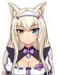  animal_ears bell blonde_hair blue_eyes bow bowtie breasts cat_ears character_name cleavage cleavage_cutout coconut_(sayori) commentary cowfee eyebrows_visible_through_hair eyes_visible_through_hair heterochromia jingle_bell long_hair looking_at_viewer maid maid_headdress medium_breasts name_tag nekopara puffy_short_sleeves puffy_sleeves purple_neckwear ribbon-trimmed_clothes ribbon_trim short_sleeves simple_background slit_pupils smile solo watermark white_background yellow_eyes 