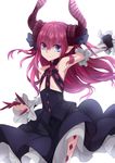  &gt;:) absurdres armpits bangs bare_shoulders black_dress blue_eyes blue_ribbon closed_mouth commentary_request curled_horns detached_sleeves dragon_horns dress elizabeth_bathory_(fate) elizabeth_bathory_(fate)_(all) eyebrows_visible_through_hair fang fang_out fate/grand_order fate_(series) hair_between_eyes hair_ribbon highres horns long_hair long_sleeves misaka76 pink_hair pointy_ears ribbon sidelocks simple_background sleeveless sleeveless_dress smile solo two_side_up v-shaped_eyebrows very_long_hair white_background 