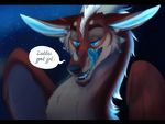  2016 amyth_(character) black_nose blue_eyes blue_tongue dialogue dragon feral fur furred_dragon horn horny_(disambiguation) male night open_mouth outside piercing red_fur saliva sky smile star starry_sky suggestive teeth terryburrs text tongue tongue_out white_fur wings 