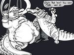  2016 3_toes 4_fingers alligator anthro belly big_belly binturongboy clothed clothing crocodile crocodilian cum dialogue digital_drawing_(artwork) digital_media_(artwork) duo english_text force_feeding forced hair male monochrome muzzle_(object) nude open_mouth overweight penis reptile scalie simple_background smile speech_bubble spikes standing technology teeth text toes torn_clothing volteer_(binturongboy) weight_gain 