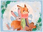  2018 anthro canine clothing digital_media_(artwork) disney fox fur hawaiian_shirt judy_hopps kyouno lagomorph male mammal nick_wilde one_eye_closed outside purple_eyes rabbit scarf shirt snow tree wink winter zootopia 