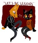  ! 2017 anthro black_eyes black_fur boots canine cat clothed clothing digital_media_(artwork) doldrms duo english_text feline footwear fox fur gregg_(nitw) hi_res jacket leather leather_jacket mae_(nitw) mammal night_in_the_woods orange_fur red_eyes simple_background sitting text watermark yellow_sclera 